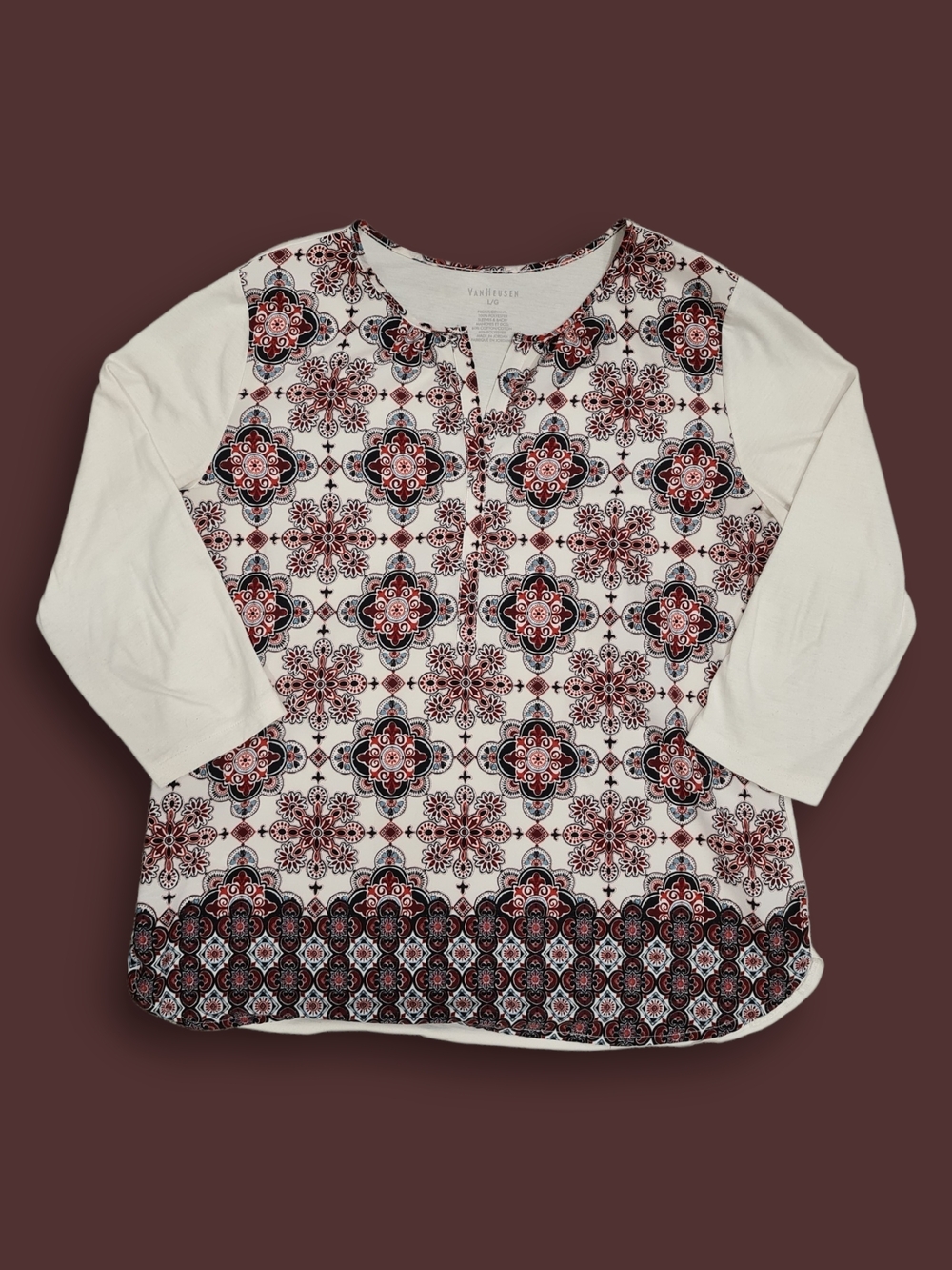Women's Cream and Red Patterned Henley Sleeve Top Size Large